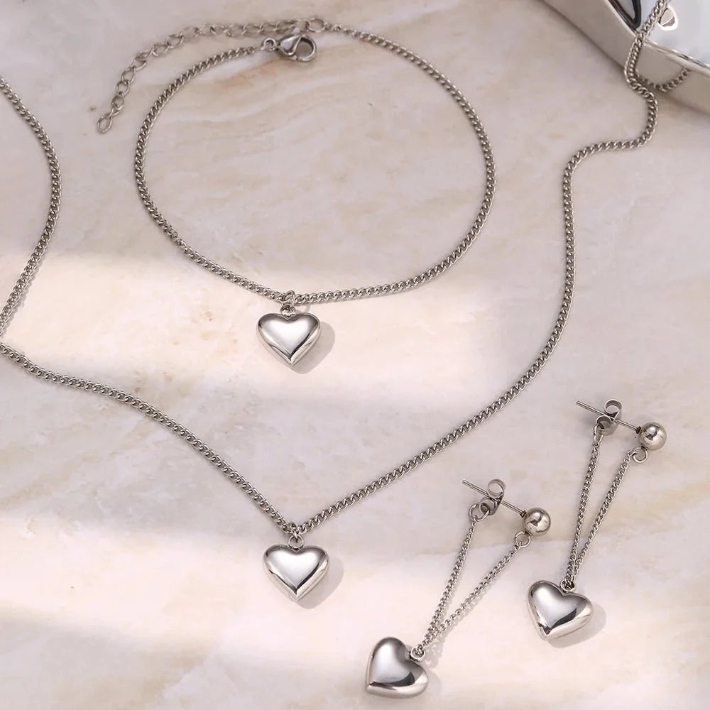 Dainty Heart Chain Necklace, Bracelet, and Earring Set
