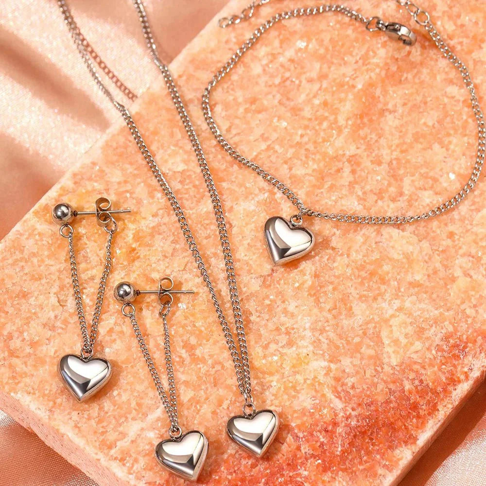Dainty Heart Chain Necklace, Bracelet, and Earring Set