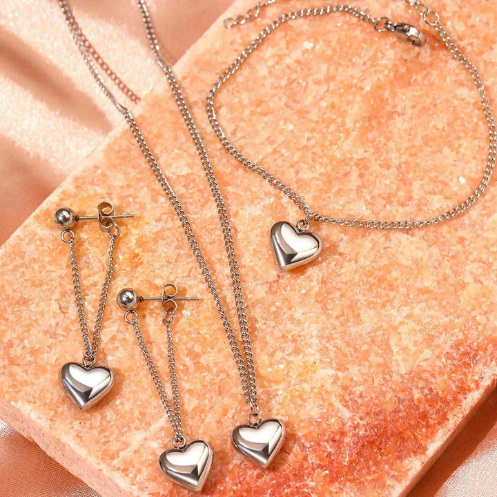 Dainty Heart Chain Necklace, Bracelet, and Earring Set