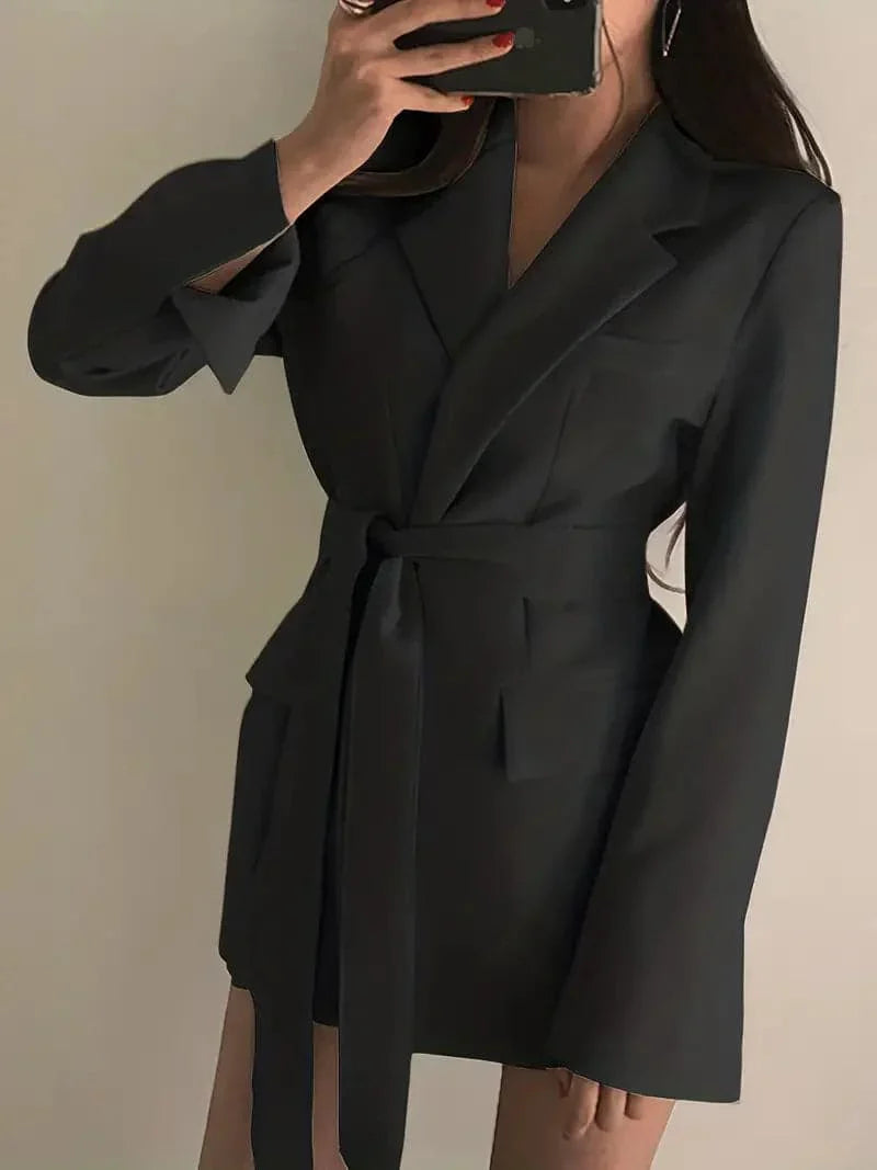 Monica Secrets | Women's Blazer Dress - Tailored Fit - Belted Waist - Single Button - Flap Pockets