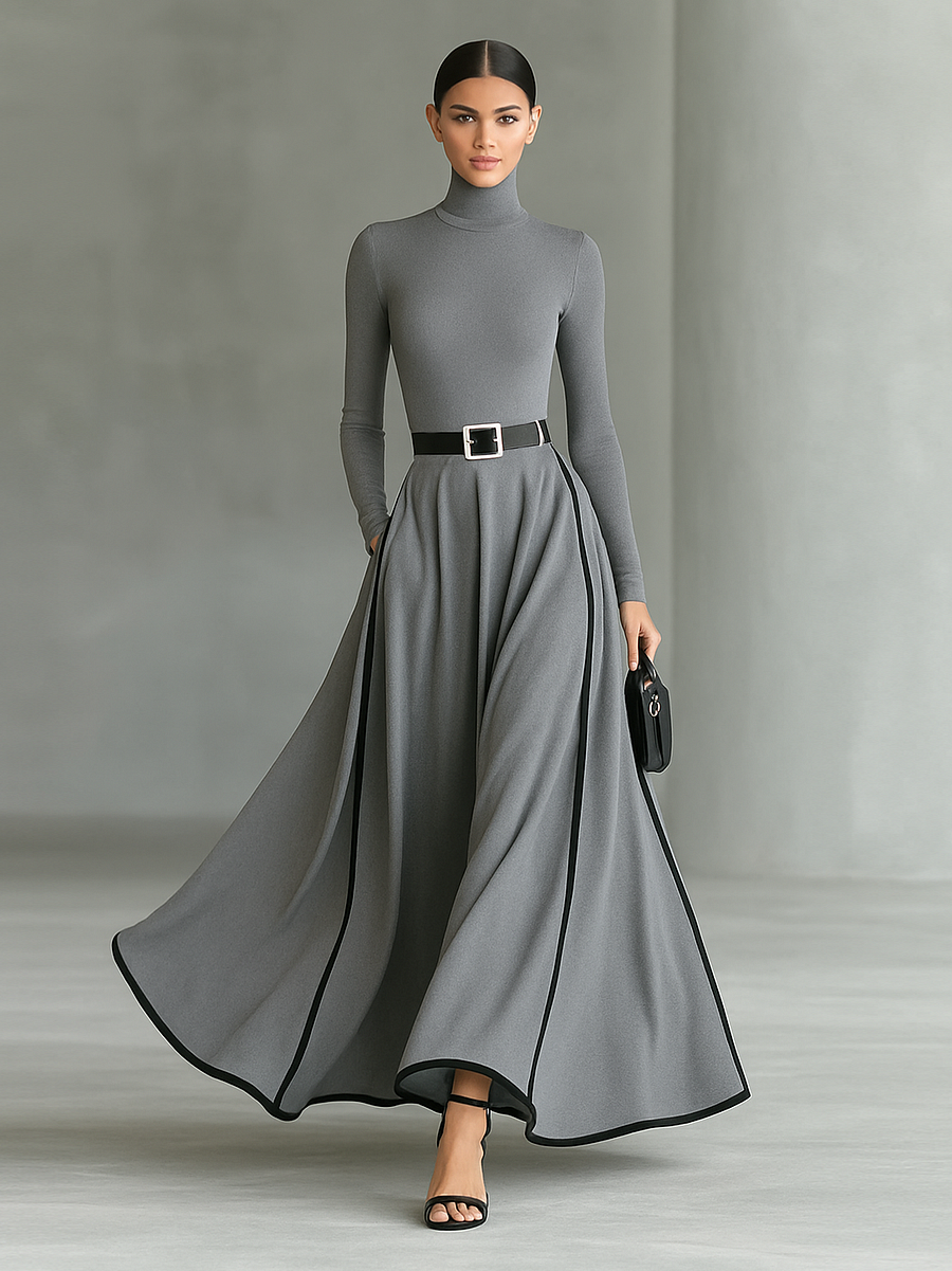 Monica Secrets | Long Sleeve Maxi Dress In [Color] With Belt