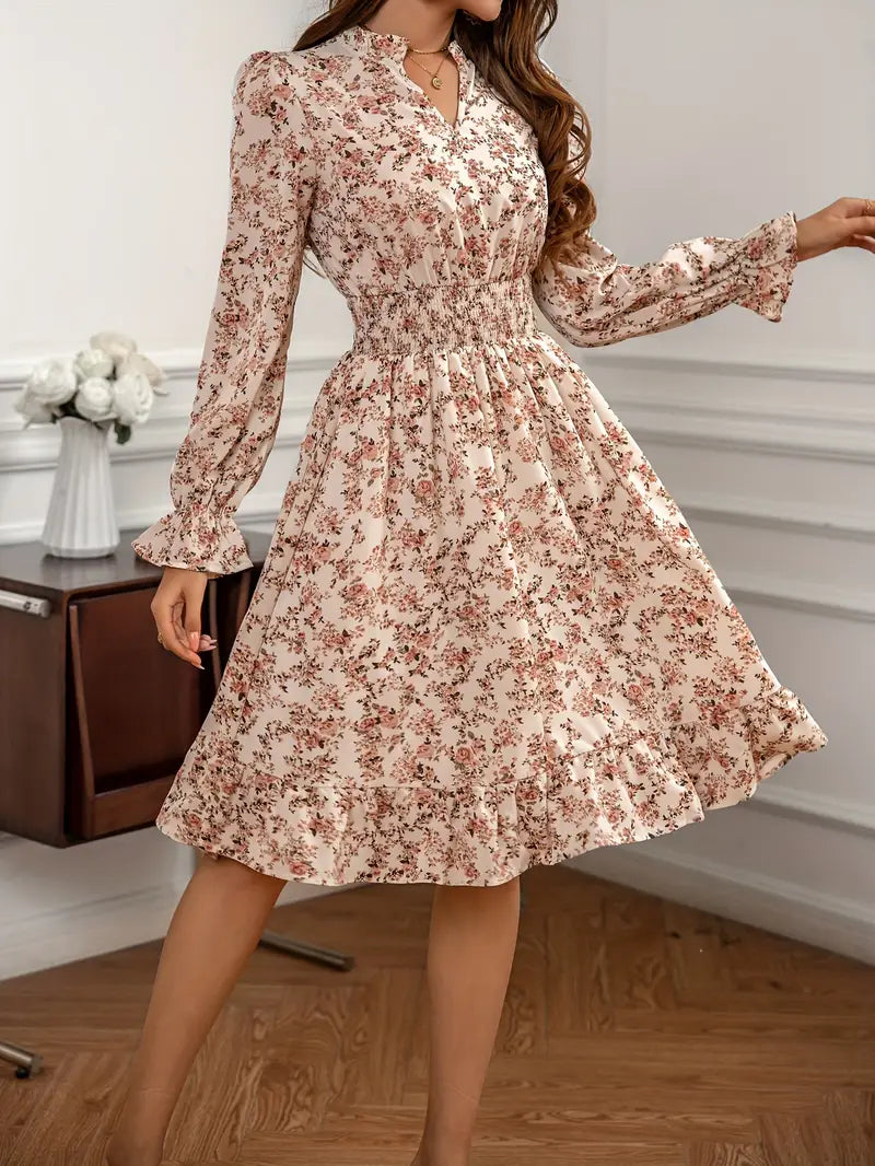 Monica Secrets | Elegant Floral Dress With Shirred Waist