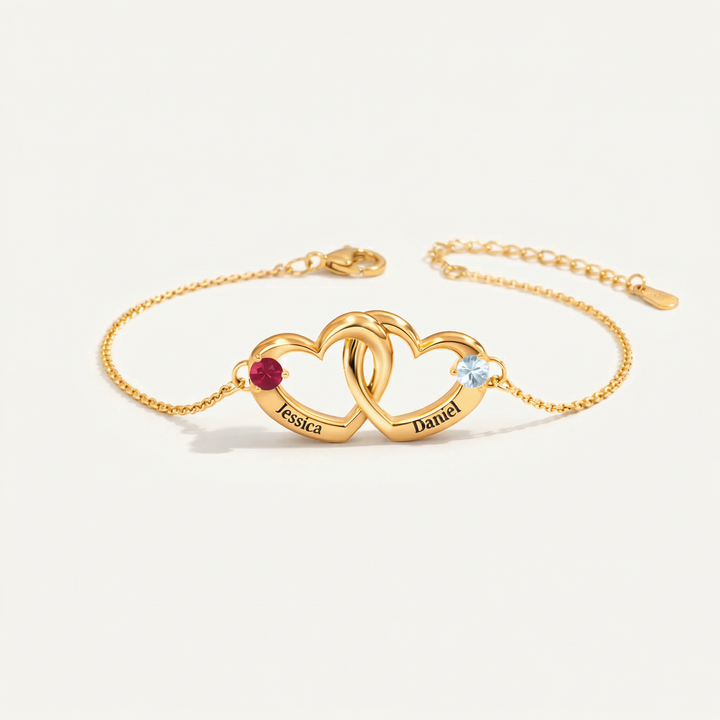 Personalized Name & Birthstone Dual Heart Bracelet