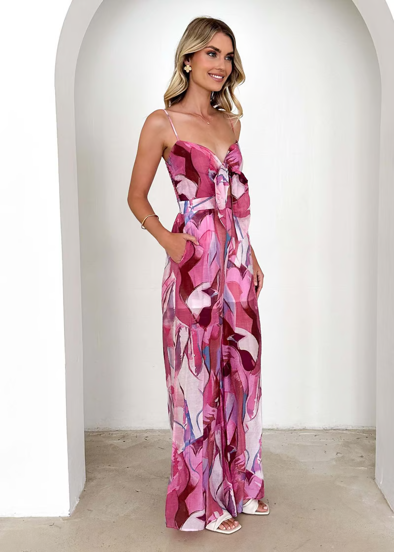 Monica Secrets | Chic Printed Suspender Strap Long Dress