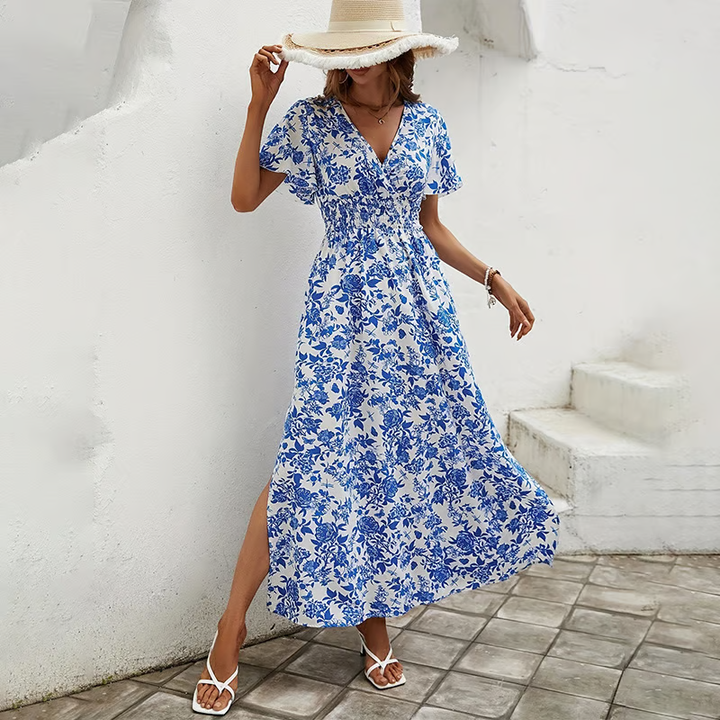 Monica Secrets | Bohemian V-Neck Blue Beach Dress