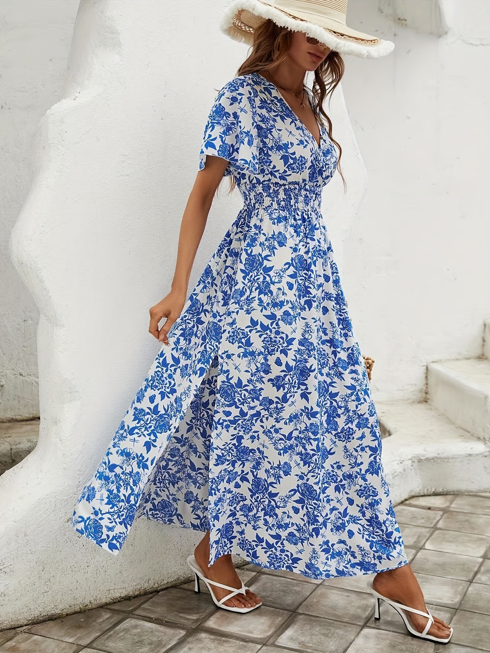 Monica Secrets | Bohemian V-Neck Blue Beach Dress