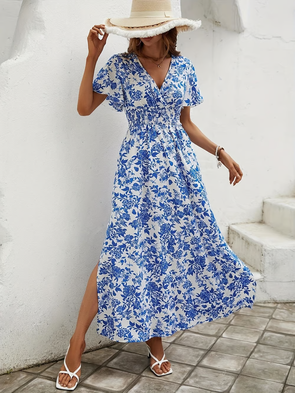 Monica Secrets | Bohemian V-Neck Blue Beach Dress