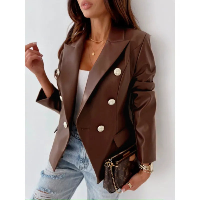Monica Secrets | Women's Blazer – Double-Breasted – Tailored Fit – Faux Leather – Puff Shoulders