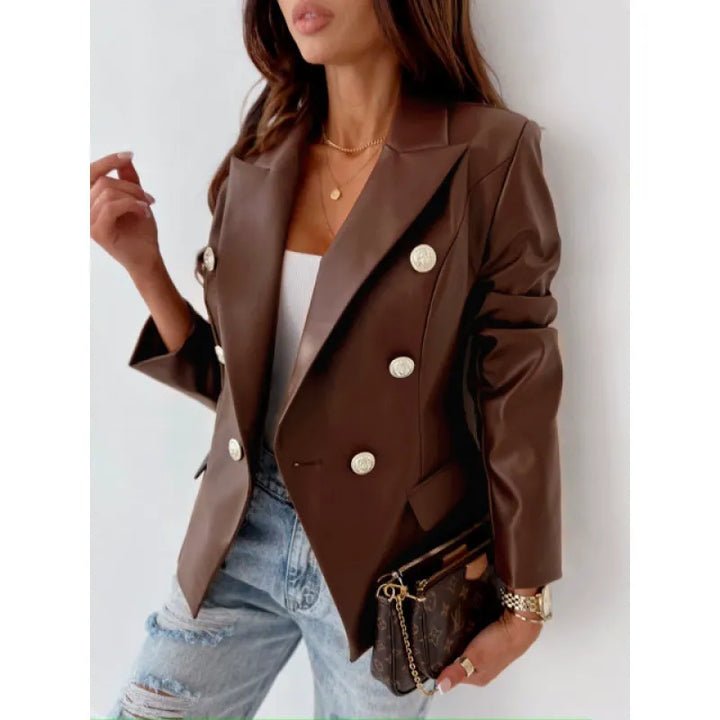 Monica Secrets | Women's Blazer – Double-Breasted – Tailored Fit – Faux Leather – Puff Shoulders
