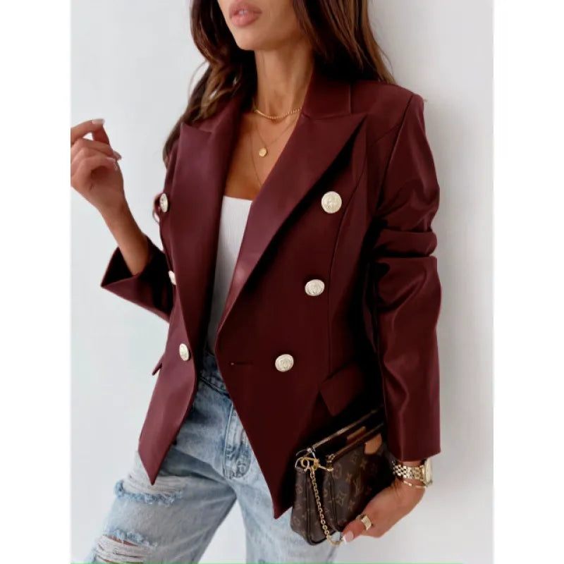 Monica Secrets | Women's Blazer – Double-Breasted – Tailored Fit – Faux Leather – Puff Shoulders
