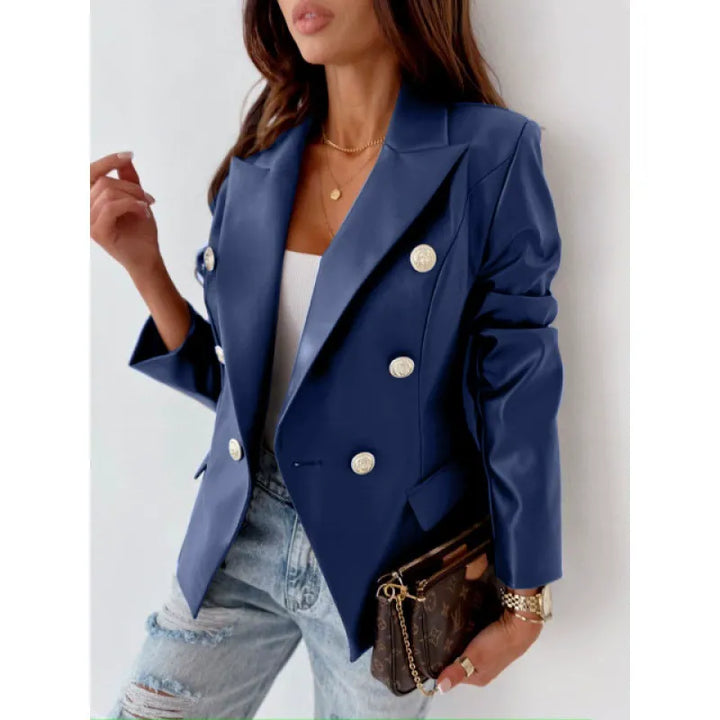 Monica Secrets | Women's Blazer – Double-Breasted – Tailored Fit – Faux Leather – Puff Shoulders