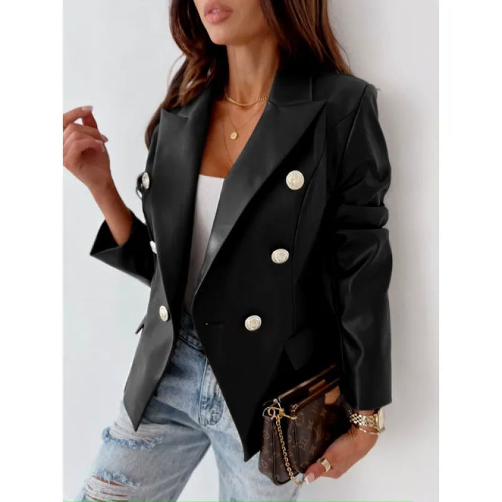 Monica Secrets | Women's Blazer – Double-Breasted – Tailored Fit – Faux Leather – Puff Shoulders