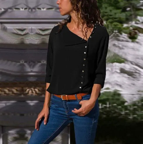Monica Secrets | Women's Blouse - Loose Fit - Asymmetrical Buttons - Lightweight Long Sleeve