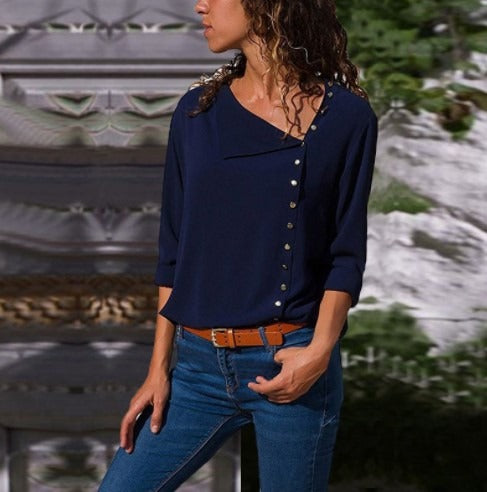 Monica Secrets | Women's Blouse - Loose Fit - Asymmetrical Buttons - Lightweight Long Sleeve