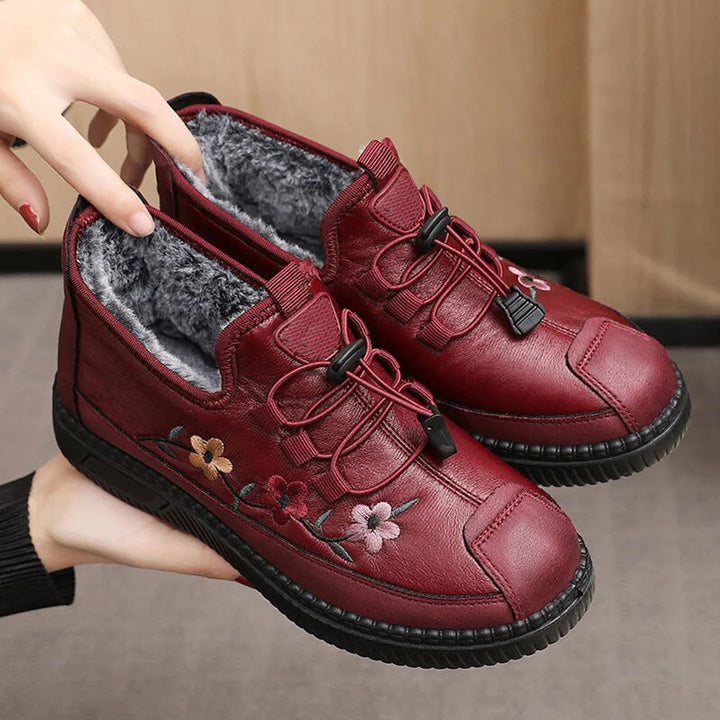 Monica Secrets | Women's Ankle Boots – Faux Leather – Embroidered – Warm Lining – Lace-up Closure