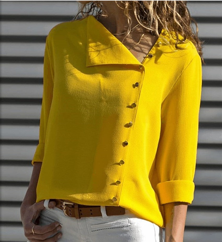 Monica Secrets | Women's Blouse - Loose Fit - Asymmetrical Buttons - Lightweight Long Sleeve