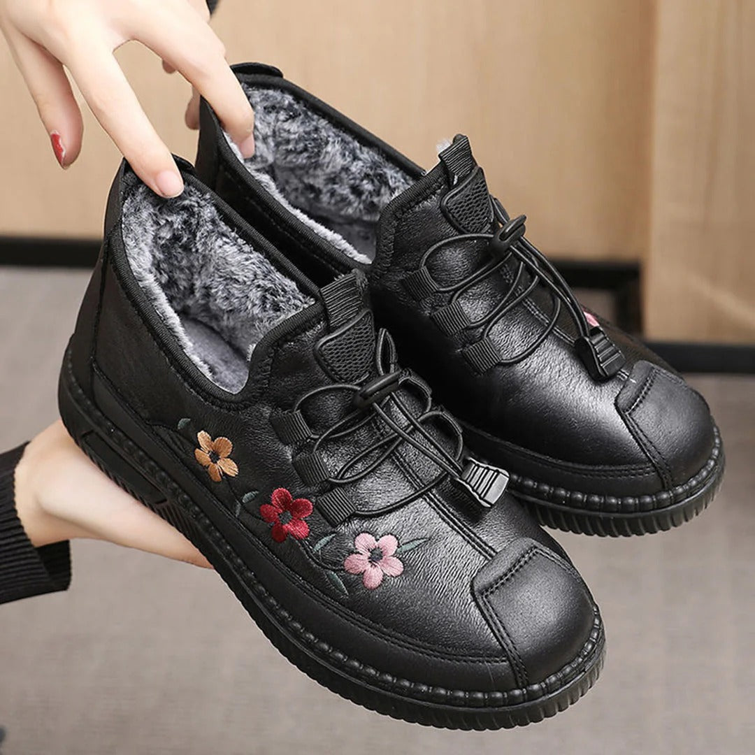 Monica Secrets | Women's Ankle Boots – Faux Leather – Embroidered – Warm Lining – Lace-up Closure