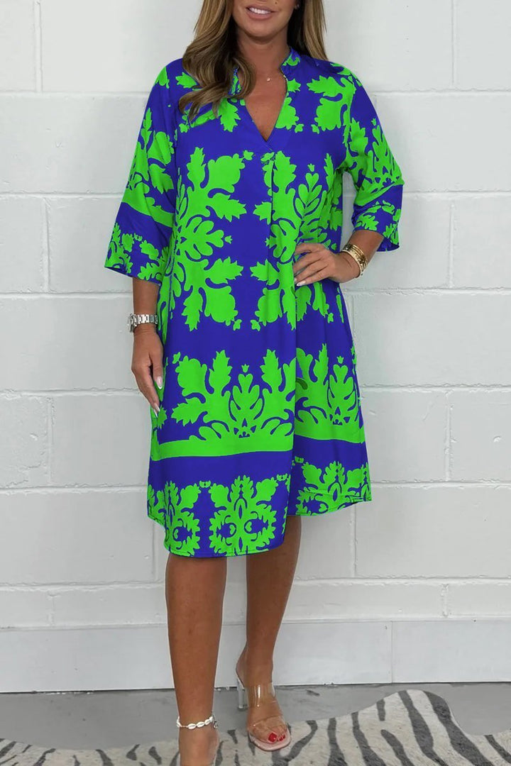 Monica Secrets | Bohemian Retro Print V-Neck Cropped Sleeve Dress