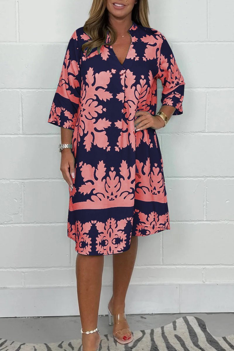 Monica Secrets | Bohemian Retro Print V-Neck Cropped Sleeve Dress
