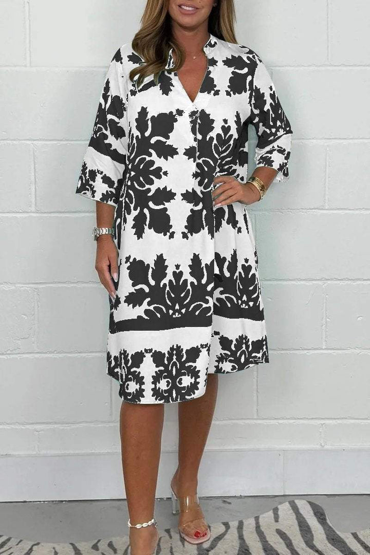 Monica Secrets | Bohemian Retro Print V-Neck Cropped Sleeve Dress
