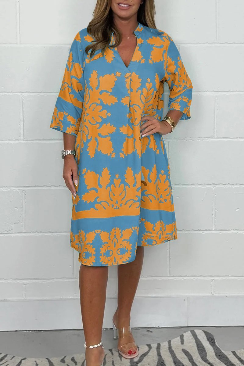 Monica Secrets | Bohemian Retro Print V-Neck Cropped Sleeve Dress