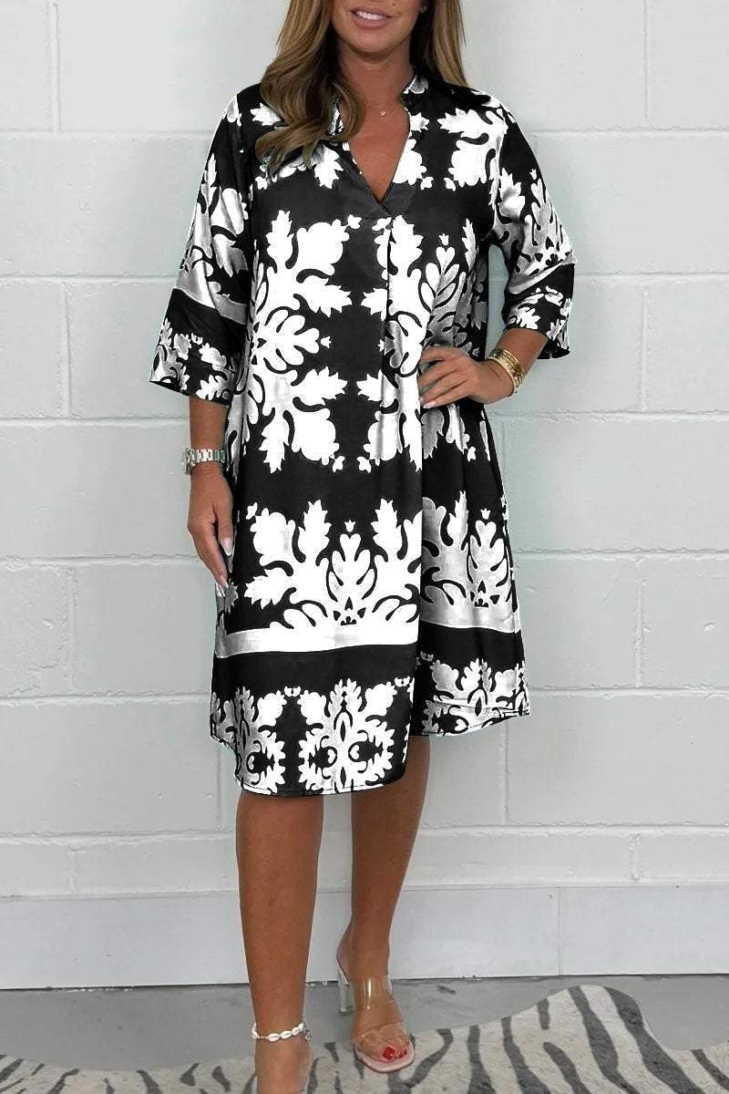 Monica Secrets | Bohemian Retro Print V-Neck Cropped Sleeve Dress