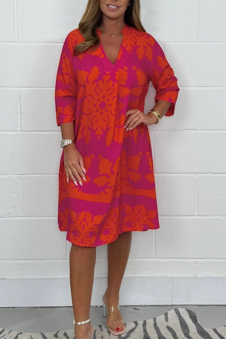 Monica Secrets | Bohemian Retro Print V-Neck Cropped Sleeve Dress