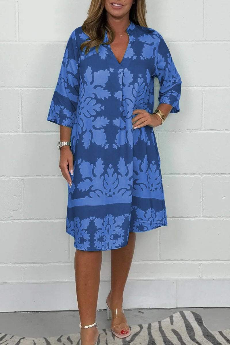 Monica Secrets | Bohemian Retro Print V-Neck Cropped Sleeve Dress