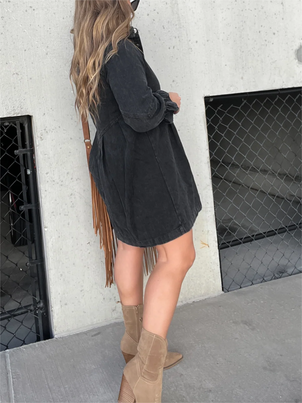 Monica Secrets | Chic Turn-Down Collar Denim Midi Dress