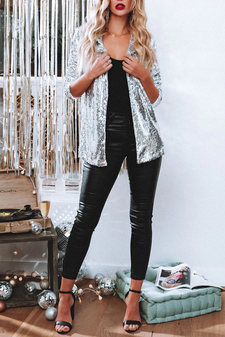 Monica Secrets | Sequined Longline Blazer | Collared Relaxed Fit