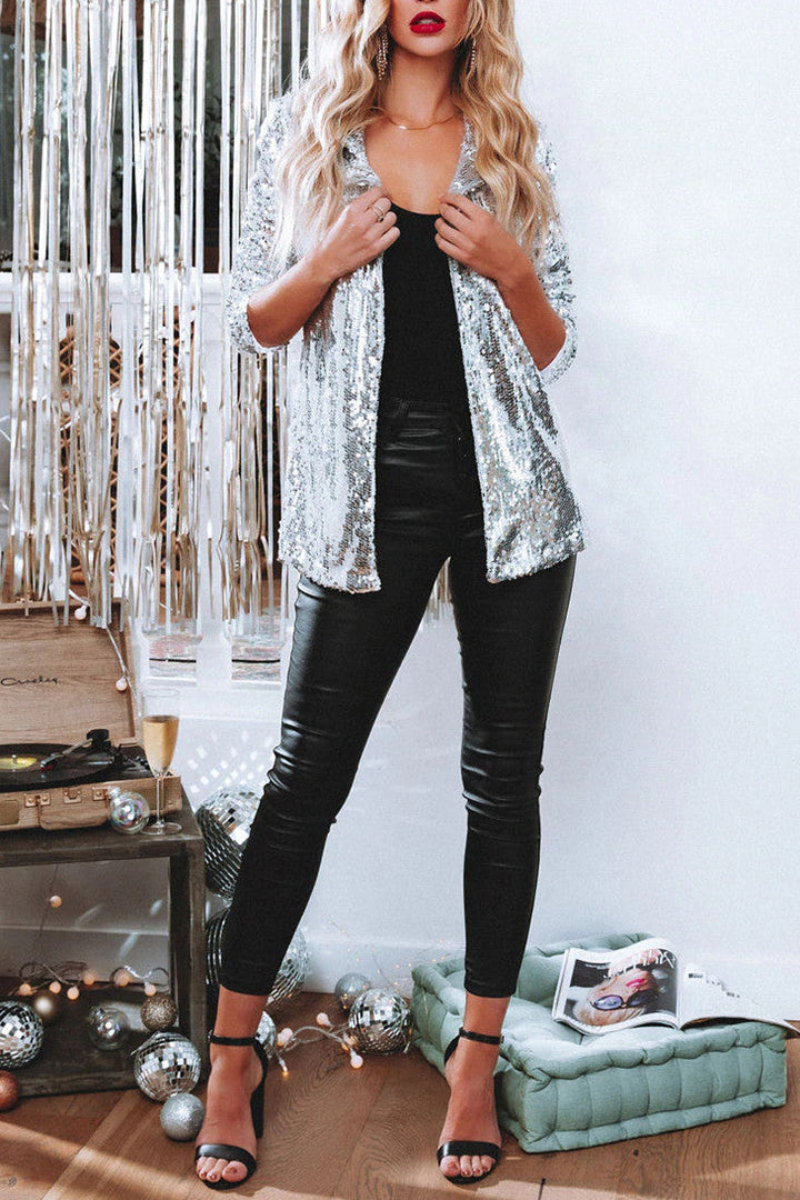 Monica Secrets | Sequined Longline Blazer | Collared Relaxed Fit