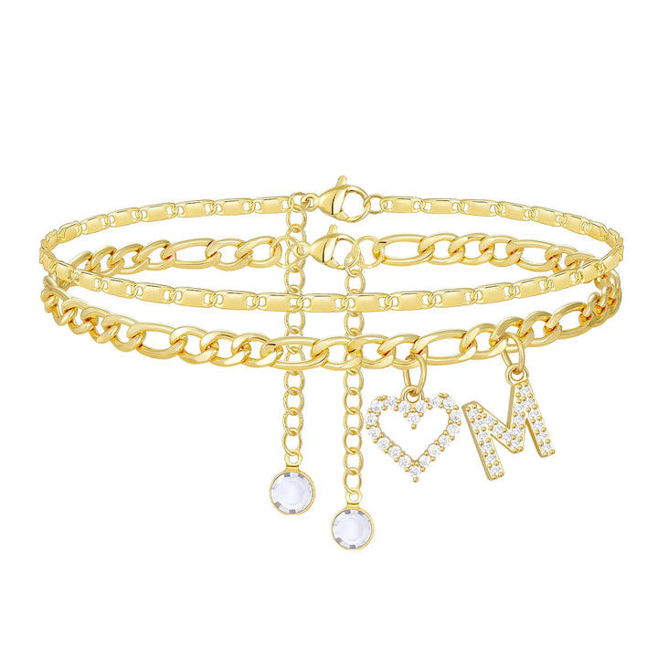 2pc 14k Letter Initial & Diamond Heart Anklet