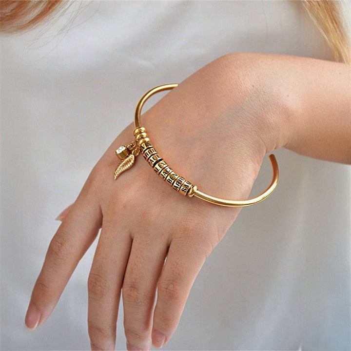 Personalized Leaf Birthstone & Name Family Bangle Bracelet