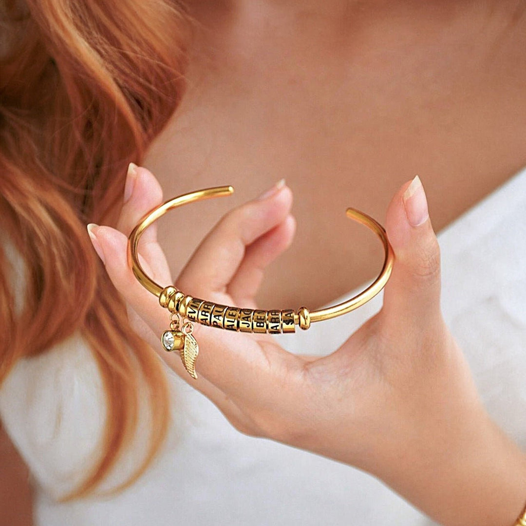 Personalized Leaf Birthstone & Name Family Bangle Bracelet