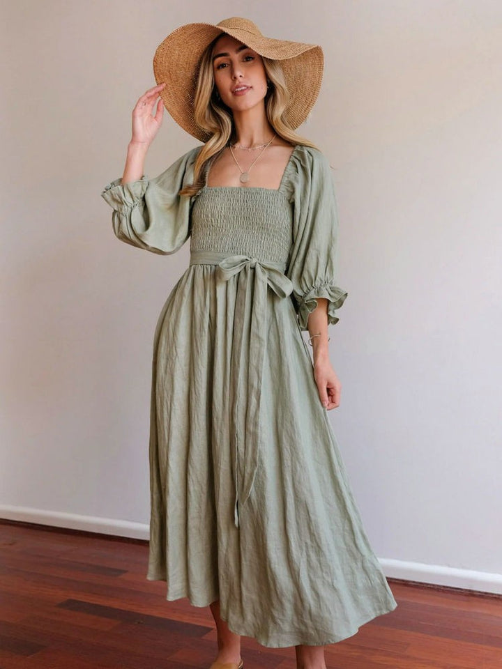 Monica Secrets | Elegant Reversible Puff Sleeve Maxi Dress