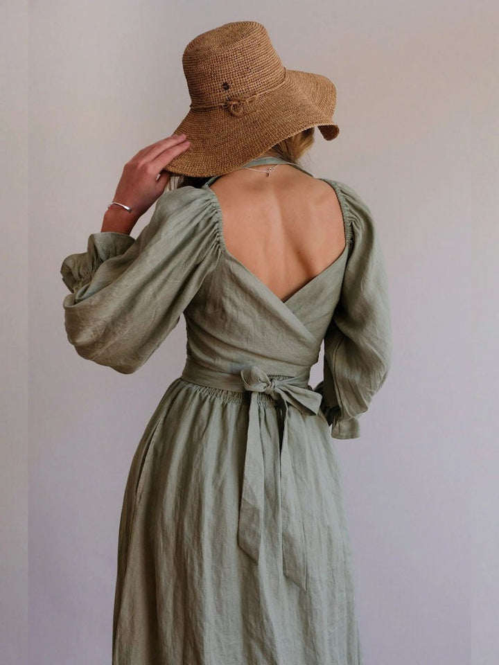 Monica Secrets | Elegant Reversible Puff Sleeve Maxi Dress