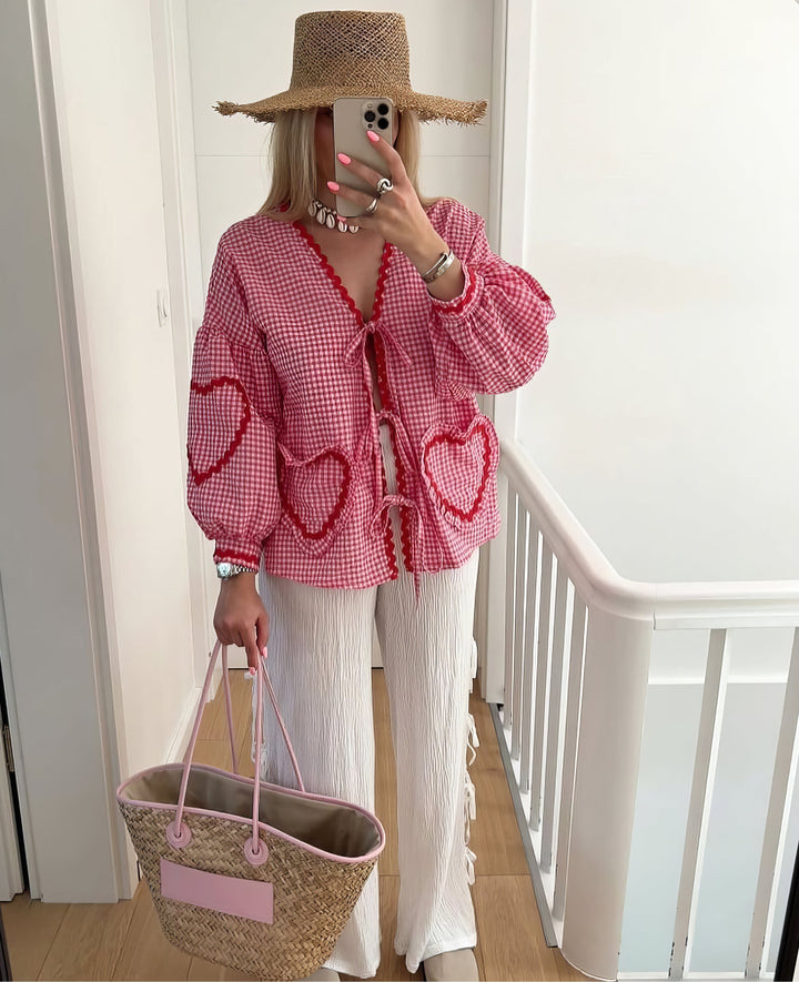 Monica Secrets | Women's Blouse - Gingham Check - Loose Fit - Ruffles - Front Tie Closure