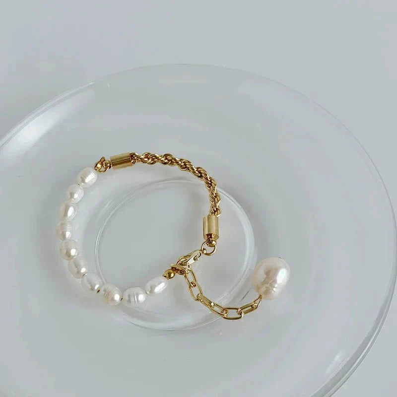 Rope Chain Pearl Contrast Bracelet and Necklace