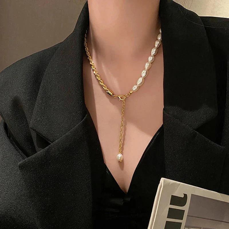 Rope Chain Pearl Contrast Bracelet and Necklace