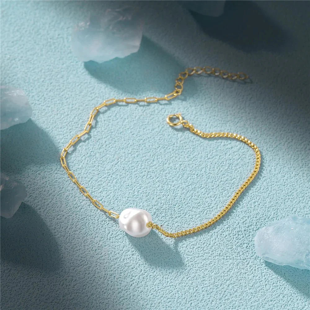 S925 Pearl Dainty Paperclip and Cuban Chain Bracelet