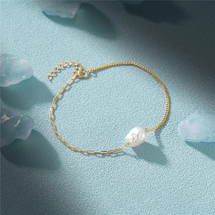 S925 Pearl Dainty Paperclip and Cuban Chain Bracelet