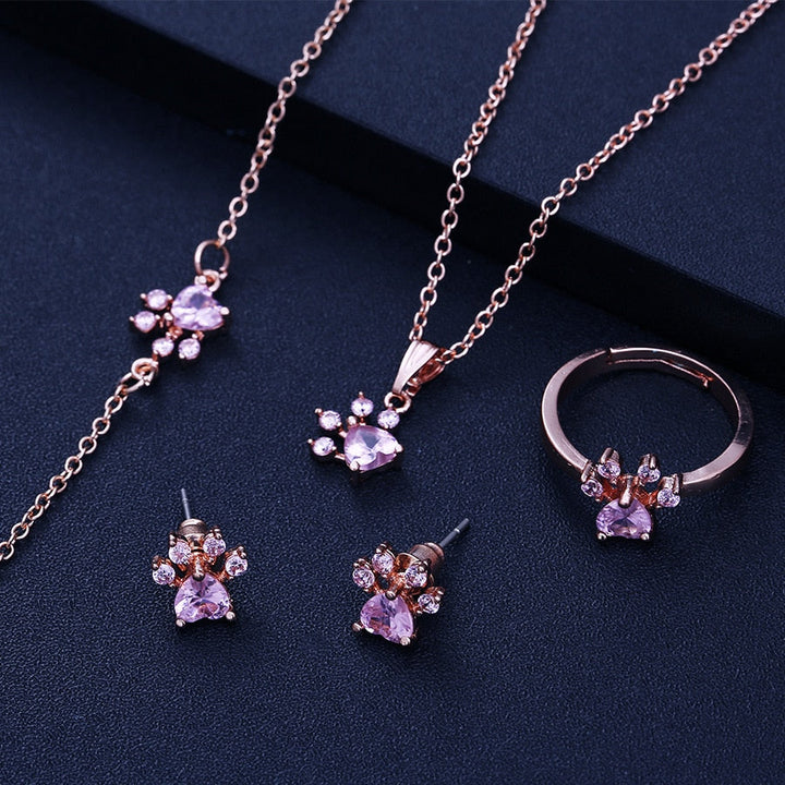 Rose Gold Paw Jewelry Set – 4 Pieces with Zirconia Heart (Ring, Necklace, Earrings, Bracelet)