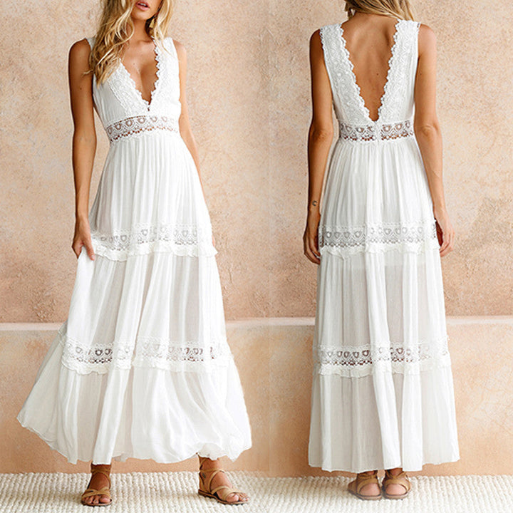 Monica Secrets | Lace Back Maxi Dress With V-Neck