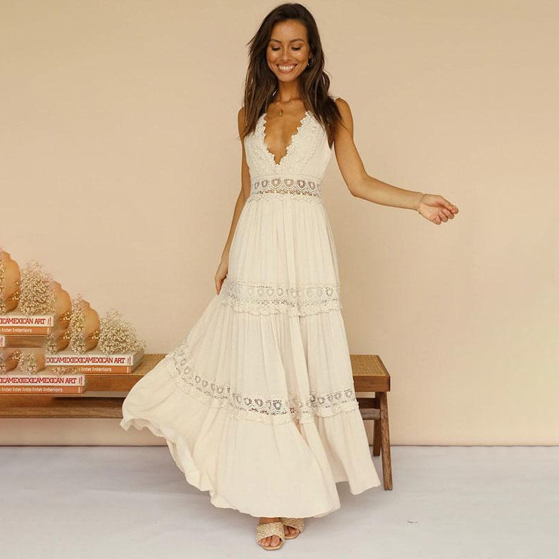 Monica Secrets | Lace Back Maxi Dress With V-Neck