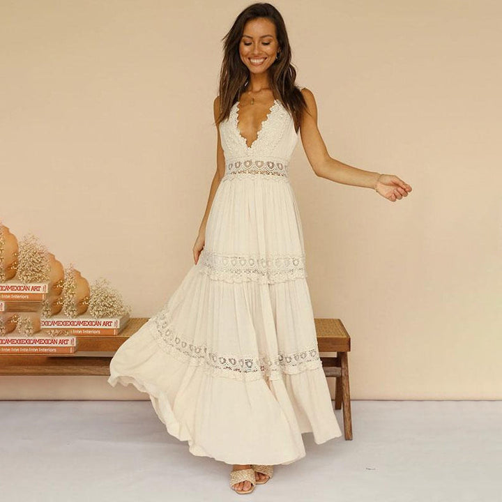 Monica Secrets | Lace Back Maxi Dress With V-Neck