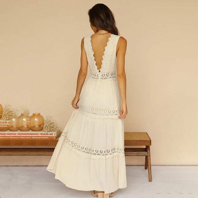 Monica Secrets | Lace Back Maxi Dress With V-Neck