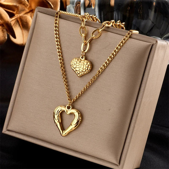 Stacked Golden Heart Contrast Necklaces