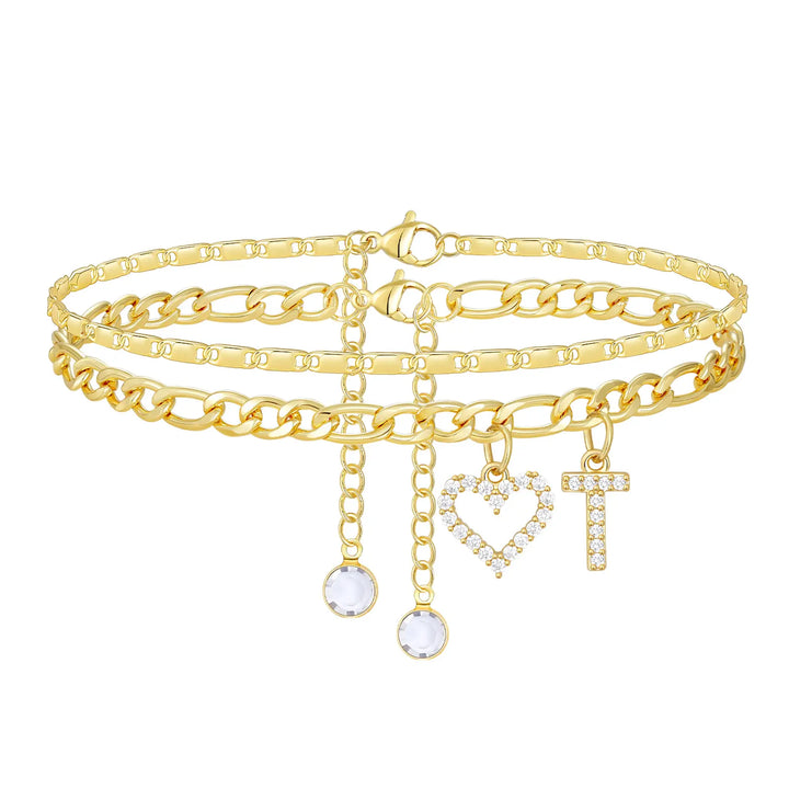 2pc 14k Letter Initial & Diamond Heart Anklet