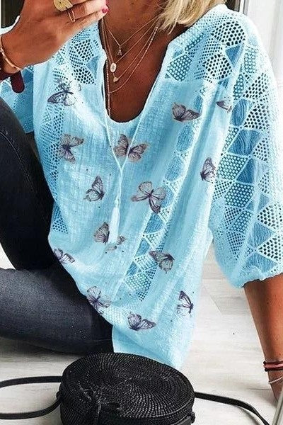 Monica Secrets | Blouse – Relaxed Fit – 3/4 Sleeves – V-Neck – Lace – Butterfly Print