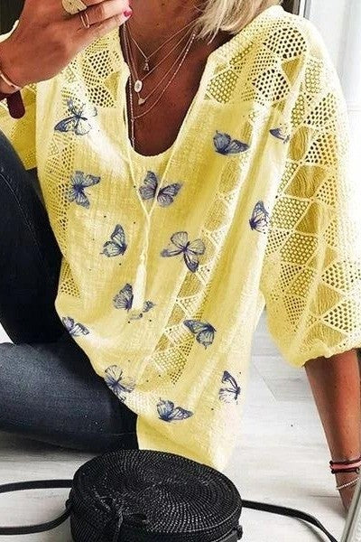 Monica Secrets | Blouse – Relaxed Fit – 3/4 Sleeves – V-Neck – Lace – Butterfly Print